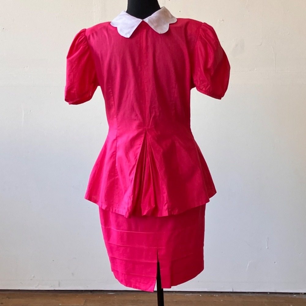 Girls' Bright Pink Peplum Dress with White Peter Pan Collar